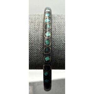 Vintage Boho Brass Bangle Tone Bracelet Turquoise Chip Stone Inlay 8"